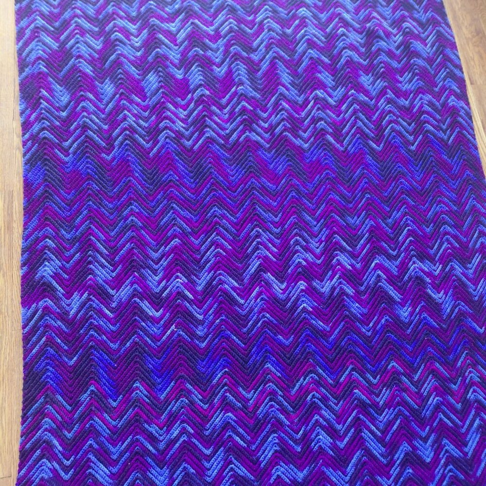 Vintage Handmade Crochet Chevron Blanket Throw Teal Purple Afghan 78x53 - Picture 8 of 11